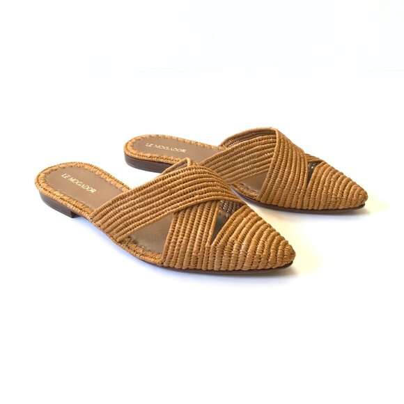 Le Mogador Azoulay Flats Slides Mules Womens 39 9 Tan Raffia Leather Slip On - Picture 3 of 10